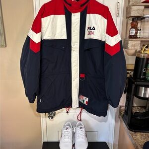 FILA LOT SKI JACKET WITH TWO HATS AND A SCARF NEW PAIR OF SNEAKERS TO MATCH.